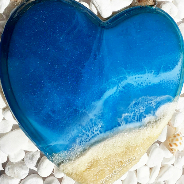 Διακοσμητική καρδιά με ρητίνη - 13.5 εκ. - Τιρκουάζ - Πετρόλ - πίνακες & κάδρα, ρητίνη, θάλασσα, εποξική ρητίνη - 4