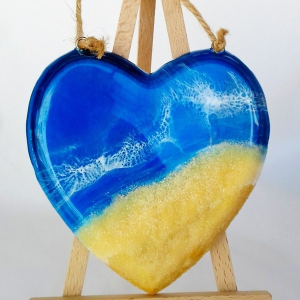 Διακοσμητική καρδιά με ρητίνη - 13.5 εκ. - Μπλε - πίνακες & κάδρα, ρητίνη, θάλασσα, εποξική ρητίνη