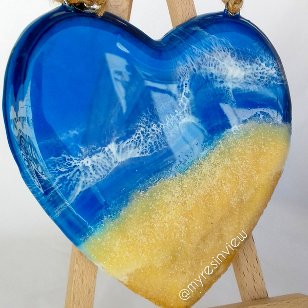 Διακοσμητική καρδιά με ρητίνη - 13.5 εκ. - Μπλε - πίνακες & κάδρα, ρητίνη, θάλασσα, εποξική ρητίνη - 2