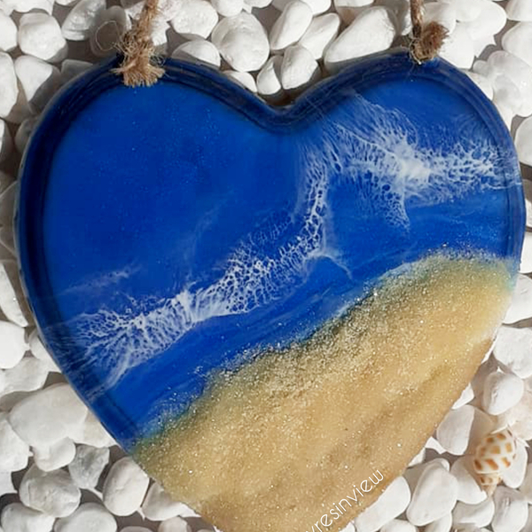 Διακοσμητική καρδιά με ρητίνη - 13.5 εκ. - Μπλε - πίνακες & κάδρα, ρητίνη, θάλασσα, εποξική ρητίνη - 3