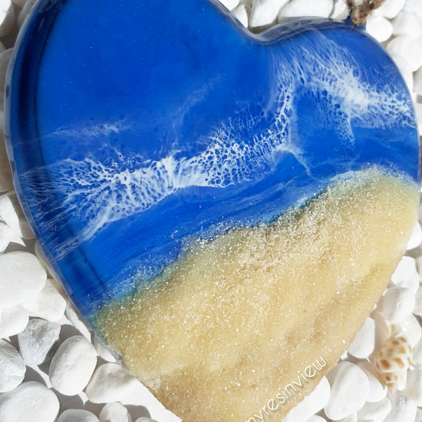 Διακοσμητική καρδιά με ρητίνη - 13.5 εκ. - Μπλε - πίνακες & κάδρα, ρητίνη, θάλασσα, εποξική ρητίνη - 4