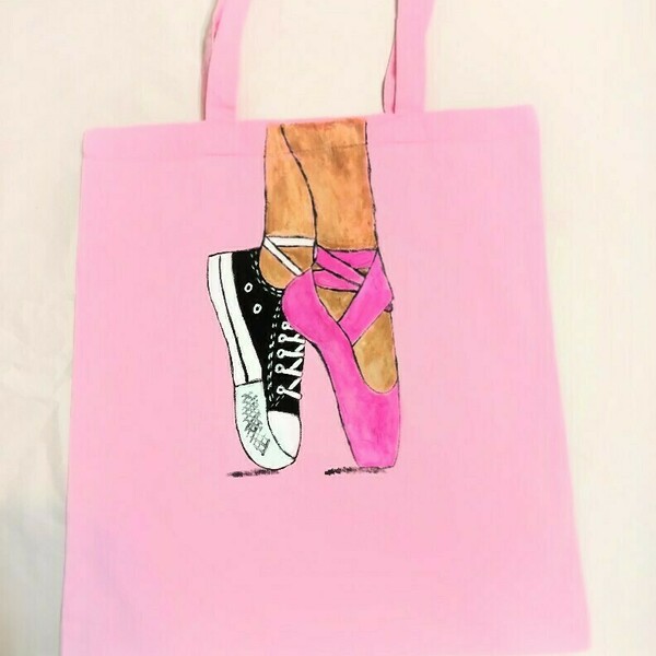 Tote bag τσάντα ώμου ζωγραφισμένη στο χέρι ❤️ μπαλέτο - ύφασμα, ώμου, all day, tote, πάνινες τσάντες
