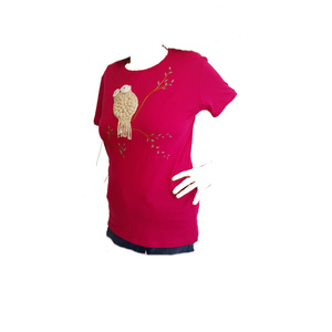 Ζωγραφισμένο στο χέρι, με πλεκτή κουκουβάγια, γυναικείο T-shirt, φούξια (XL) 100% βαμβάκι - ζωγραφισμένα στο χέρι, χειροποίητα, 100% βαμβακερό - 2