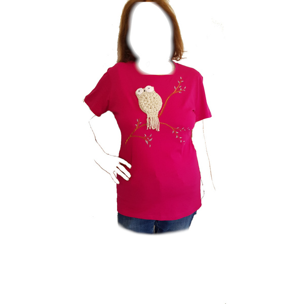 Ζωγραφισμένο στο χέρι, με πλεκτή κουκουβάγια, γυναικείο T-shirt, φούξια (XL) 100% βαμβάκι - ζωγραφισμένα στο χέρι, χειροποίητα, 100% βαμβακερό - 4