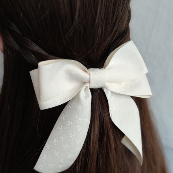 Κλιπ Μαλλιών Φιόγκος Υφασμάτινος με λουλούδια λευκό 10x17 - κορίτσι, μαλλιά, για τα μαλλιά, αξεσουάρ μαλλιών - 3