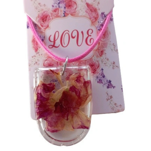 Κολιέ ρητίνης με ροζ βιολέτα 4x1cm - γυαλί, γυναικεία, λουλούδι, εποξική ρητίνη, μεγάλα - 2