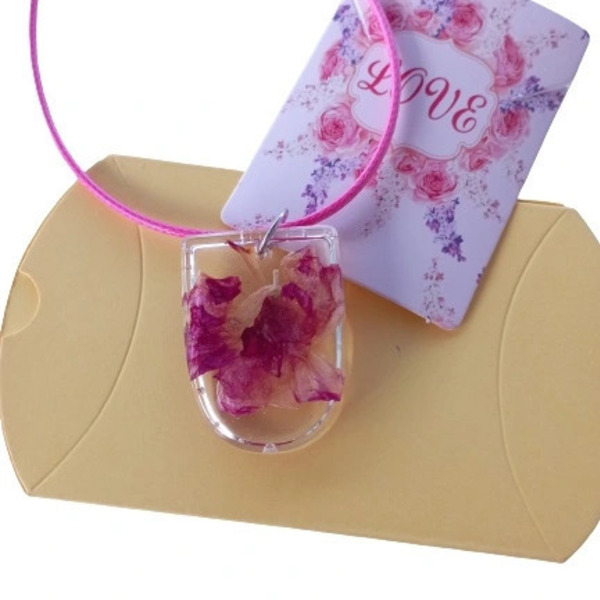 Κολιέ ρητίνης με ροζ βιολέτα 4x1cm - γυαλί, γυναικεία, λουλούδι, εποξική ρητίνη, μεγάλα - 3