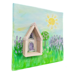 Ξύλινο σπιτάκι σε καμβά 20×20 - ζωγραφισμένα στο χέρι, κορίτσι, βρεφικά, παιδικοί πίνακες