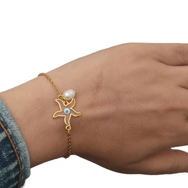 Βραχιόλι Αστερίας με μαργαριτάρι και ατσάλινη χρυσή αλυσίδα - charms, επιχρυσωμένα, ατσάλι, σταθερά, χεριού