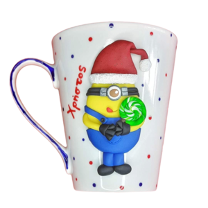 Κούπα minion με γλυφιτζουρι από πολυμερικό πηλό - πηλός, χριστουγεννιάτικα δώρα, κούπες & φλυτζάνια, για παιδιά, ήρωες κινουμένων σχεδίων
