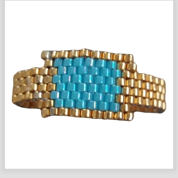 Δαχτυλίδι με χάντρες miyaki σε γαλάζιο και χρυσό χρώμα -μήκος 6εκ - γυαλί, χάντρες, σταθερά