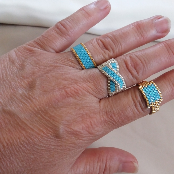 Δαχτυλίδι με χάντρες miyaki σε γαλάζιο και χρυσό χρώμα -μήκος 6εκ - γυαλί, χάντρες, σταθερά - 3