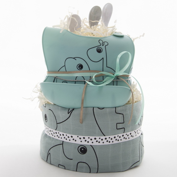 Χειροποίητο Diaper Cake σε χρώμα μέντας - Happy Zoo Mint - κορίτσι, αγόρι, σετ δώρου, δώρο γέννησης, diaper cake