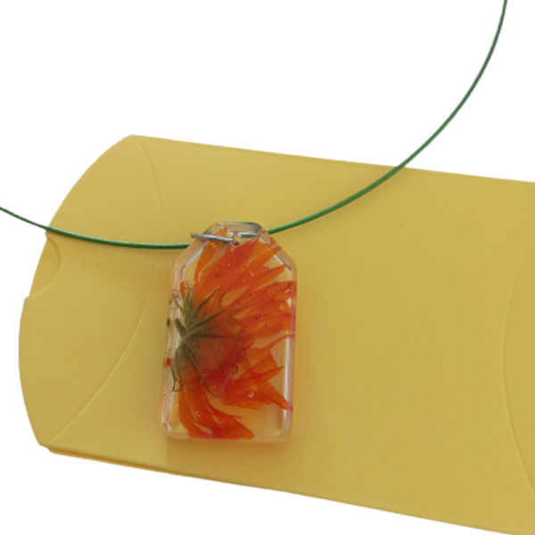Κολιέ ρητίνης με μαργαρίτα πορτοκαλί 4x2cm - γυαλί, γκλίτερ, λουλούδι, ατσάλι, μενταγιόν - 2