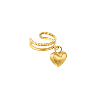 Ατσάλινο ear cuff με κρεμαστή καρδιά love - επιχρυσωμένα, ατσάλι, καρδιά