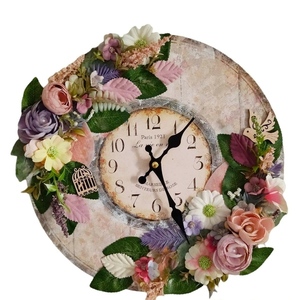 Ξύλινο ρολόι τοίχου, 30 εκατοστών διακοσμημένο με λουλούδια - ξύλο, λουλούδια, τοίχου, διακοσμητικά, διακοσμητικό παιδικού δωματίου