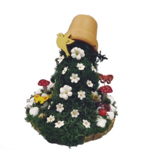 Κεραμική γλάστρα σε κορμό με λουλούδια, πασχαλίτσες, πεταλούδες, μανιτάρια - μήκος 14εκ - ξύλο, πέτρα, χαρτί, πηλός, διακοσμητικά