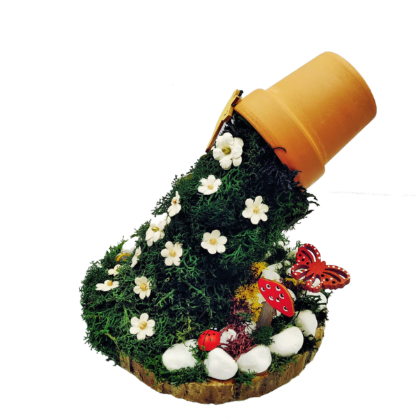 Κεραμική γλάστρα σε κορμό με λουλούδια, πασχαλίτσες, πεταλούδες, μανιτάρια - μήκος 14εκ - ξύλο, πέτρα, χαρτί, πηλός, διακοσμητικά - 3