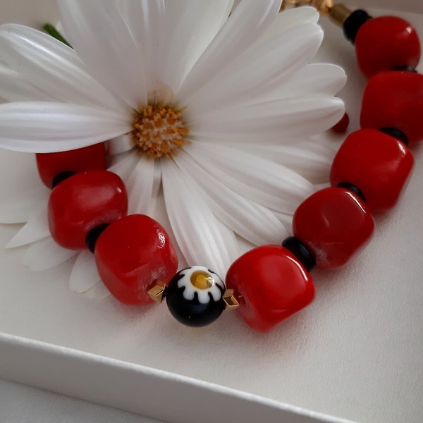 Βραχιόλι με νεφρίτη κόκκινο - ημιπολύτιμες πέτρες, charms, λουλούδι, μαμά και κόρη, χεριού - 2