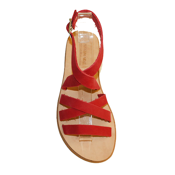Χειροποίητα Γυναικεία Δερμάτινα Σανδάλια φλατ σε κόκκινο χρώμα. - δέρμα, αρχαιοελληνικό, φλατ, ankle strap, φθηνά - 3