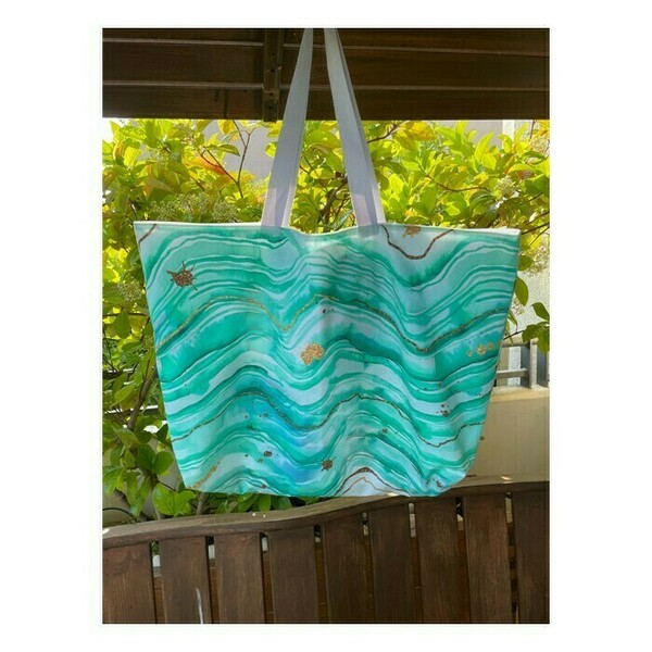 Τσάντα Παραλίας _ Turquoise And Gold - ύφασμα, ώμου, απαραίτητα καλοκαιρινά αξεσουάρ, θαλάσσης - 2