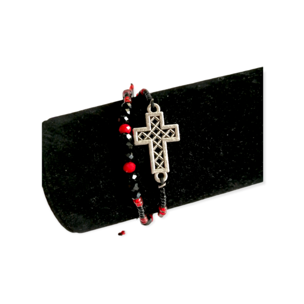 Βραχιόλι με δύο σειρές χάντρες και σταυρό κόκκινο μαύρο - σταυρός, χάντρες, πολύσειρα, χεριού, αυξομειούμενα - 2
