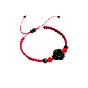 Βραχιόλι μακραμέ κόκκινο με μαύρο τριαντάφυλλο κοράλλι - μακραμέ, χεριού, αυξομειούμενα, χάντρες, λουλούδι