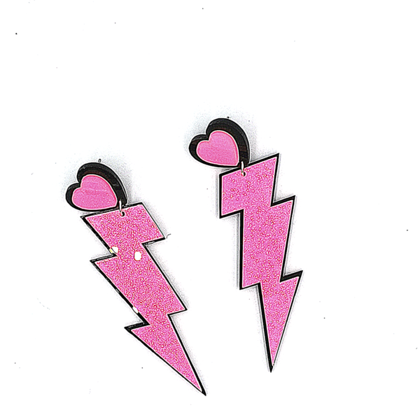 Μεγάλα κρεμαστά σκουλαρίκια κεραυνοί σε ροζ χρώμα με γκλιτερ από πλεξιγκλάς 9εκ. x 2εκ. - plexi glass, κρεμαστά, μεγάλα