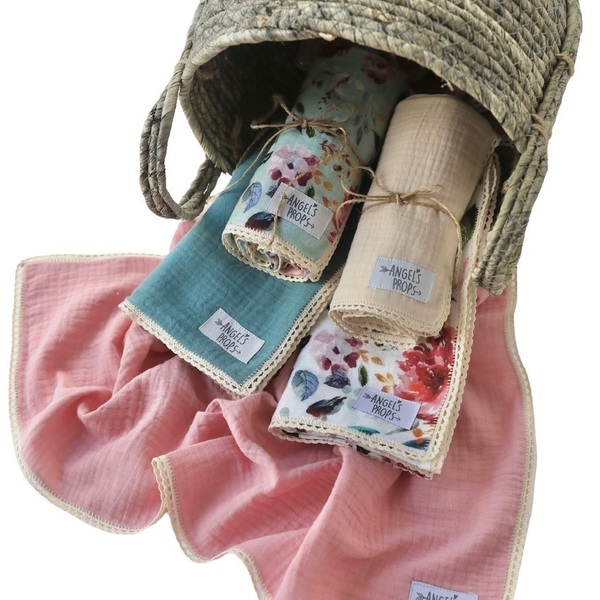Πάνες αγκαλιάς από βαμβακερή μουσελίνα, 5 τμχ., 0.65x.65cm-"Lacy Floral Nappies" - κορίτσι, αγόρι, δώρα για βάπτιση, προίκα μωρού, σετ δώρου