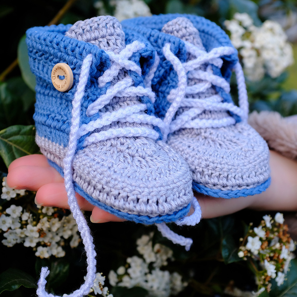Χειροποίητα πλεκτά βαμβακερά παπουτσάκια για μωρά μπλε γκρι - αγόρι, βρεφικά ρούχα - 2
