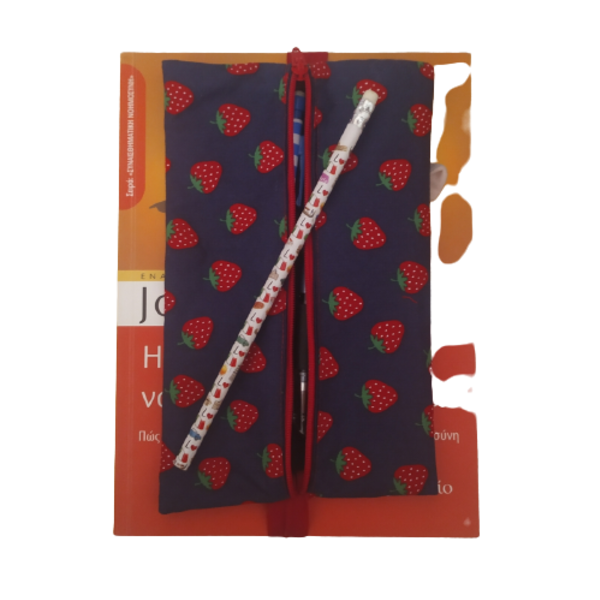 Υφασμάτινη χειροποίητη κασετίνα με λάστιχο σε μπλε navy με φράουλες ή κερασάκια 20 εκ. x 12 εκ - ύφασμα, δώρα για δασκάλες - 2