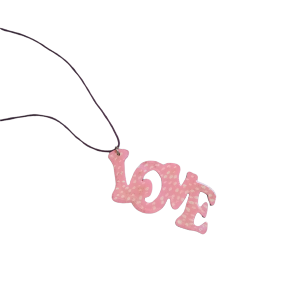 Love Λέξη Ξύλινη σε Ροζ Χρώμα με Άσπρες Βούλες και Υγρό Γυαλί απο πάνω με Μακρύ Κορδόνι - ξύλο, μακριά, boho, μενταγιόν - 2