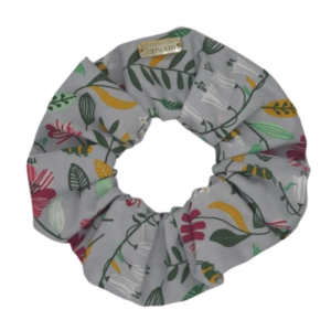 Scrunchie classic βαμβακερό γκρί floral - ύφασμα, χειροποίητα, φλοράλ, λαστιχάκια μαλλιών, satin scrunchie