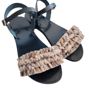 Boho sandals black - δέρμα, μακραμέ, boho, φλατ, ankle strap