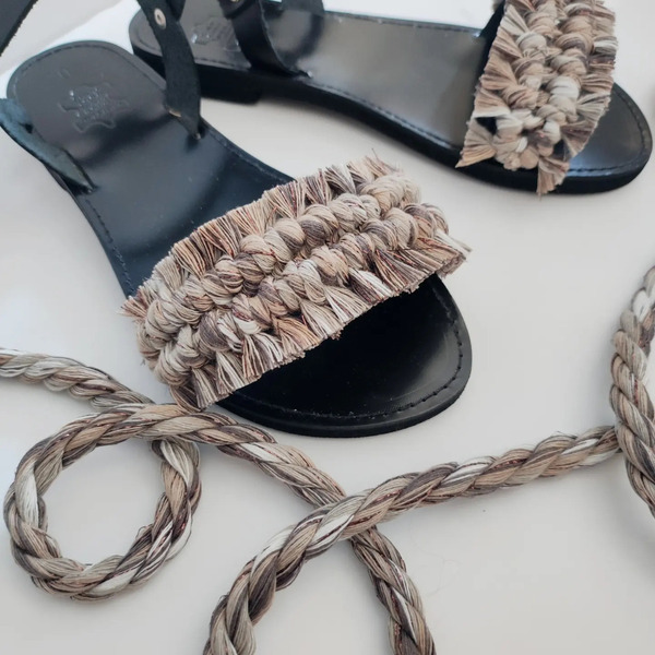 Boho sandals black - δέρμα, μακραμέ, boho, φλατ, ankle strap - 4
