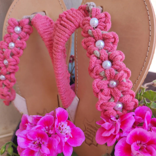 Flower sandals - δέρμα, λουλούδια, μακραμέ, φλατ, διχαλωτά - 5