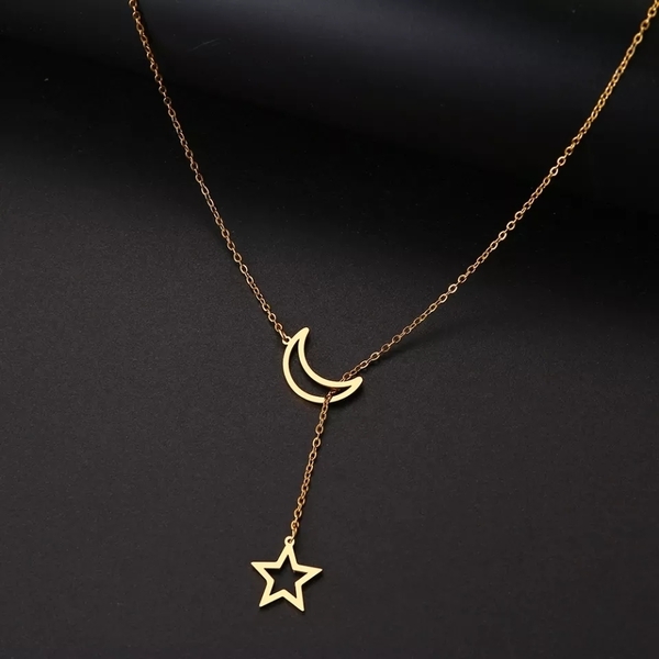 Ατσάλινο Κολιέ Star & Moon σε Χρυσό ή Ασημί - charms, αστέρι, ατσάλι, boho - 2