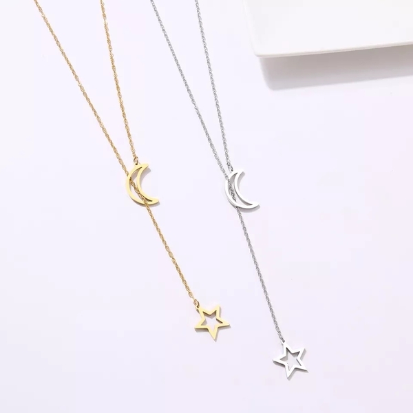 Ατσάλινο Κολιέ Star & Moon σε Χρυσό ή Ασημί - charms, αστέρι, ατσάλι, boho