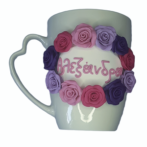 Κούπα με όνομα και τριαντάφυλλα από πολυμερικό πηλό - γυναικεία, τριαντάφυλλο, όνομα - μονόγραμμα, πηλός, κούπες & φλυτζάνια