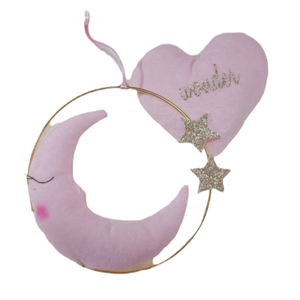 Δώρο για νεογέννητο βελούδινο φεγγαράκι κρεμαστό και καρδούλα ροζ - κορίτσι, φεγγάρι, μόμπιλε, κρεμαστά, σετ δώρου