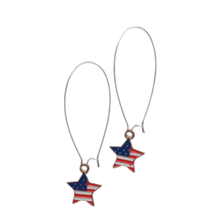 Μακριά γυναικεία σκουλαρίκια με Ασημένια παραμάνα και μικρό αστεράκι με αμερικάνικη σημαία - κρεμαστά, μεγάλα, zamak, γάντζος, φθηνά
