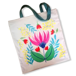 XL43x47 χειροποιητη μοναδική ζωγραφισμένη πάνινη τσάντα με αδιαβροχη φοδρα, 2 τσεπες , σχεδιο λουλούδια - tote, πάνινες τσάντες, ώμου, ύφασμα, μεγάλες