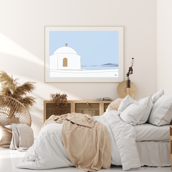 Αφίσα ArtPrint | Σαντορίνη -Τρούλος| Διαστάσεις 29,7*42 εκ. A3 | Εκτύπωση ματ σε χαρτί 170 γρ | χρώματα παλ γαλάζιο μπεζ - πίνακες & κάδρα, αφίσες, διακόσμηση σαλονιού - 2