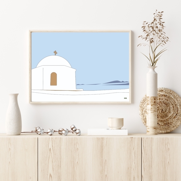 Αφίσα ArtPrint | Σαντορίνη -Τρούλος| Διαστάσεις 29,7*42 εκ. A3 | Εκτύπωση ματ σε χαρτί 170 γρ | χρώματα παλ γαλάζιο μπεζ - πίνακες & κάδρα, αφίσες, διακόσμηση σαλονιού - 3