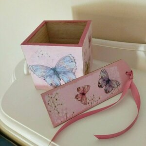 Σετ ξύλινη μολυβοθήκη και σελιδοδείκτης με θέμα τις πεταλούδες - δώρο, δώρα για δασκάλες, αξεσουάρ γραφείου - 3
