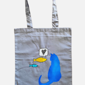 Υφασμάτινη τσάντα γκρι ζωγραφισμένη με γάτα και ψάρια - ύφασμα, ώμου, γάτα, μεγάλες, χειρός