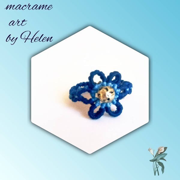 Δαχτυλίδι macrame Μαργαρίτα Μπλε Γαλάζιο Λάβα - ημιπολύτιμες πέτρες, μακραμέ, λουλούδι, αυξομειούμενα - 3