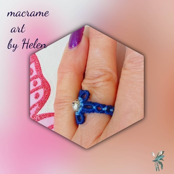 Δαχτυλίδι macrame Μαργαρίτα Μπλε Γαλάζιο Λάβα - ημιπολύτιμες πέτρες, μακραμέ, λουλούδι, αυξομειούμενα - 4