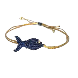 Βραχιόλι Χρυσό μακραμε Blue Navy Ψάρι με Χρυσή χάντρα - μακραμέ, χάντρες, χεριού, αυξομειούμενα, φθηνά