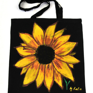 Ζωγραφισμένη στο χέρι πάνινη τσάντα ηλιοτρόπιο tote bag μαύρη - ύφασμα, ώμου, μεγάλες, all day, tote